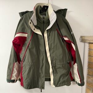 Columbia Olive Green and Red Hooded Jacket and Fleece